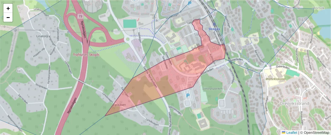 Karta över postnummerområdet  och angränsande postnummer i Sverige