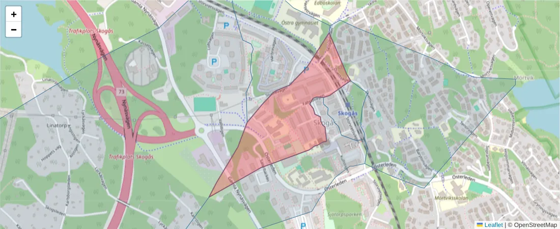 Karta över postnummerområdet  och angränsande postnummer i Sverige