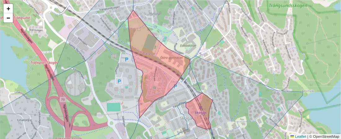 Karta över postnummerområdet  och angränsande postnummer i Sverige