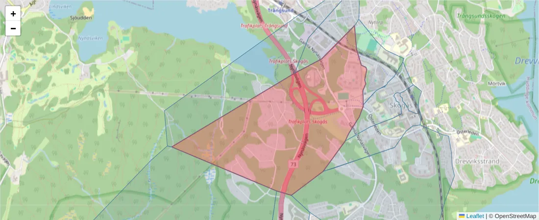 Karta över postnummerområdet  och angränsande postnummer i Sverige