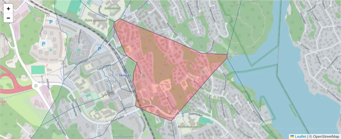 Karta över postnummerområdet  och angränsande postnummer i Sverige