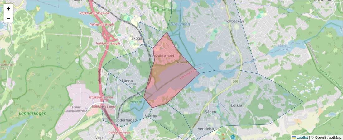 Karta över postnummerområdet  och angränsande postnummer i Sverige