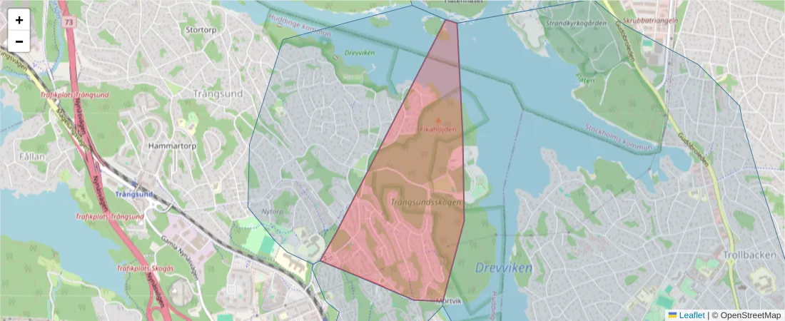 Karta över postnummerområdet  och angränsande postnummer i Sverige