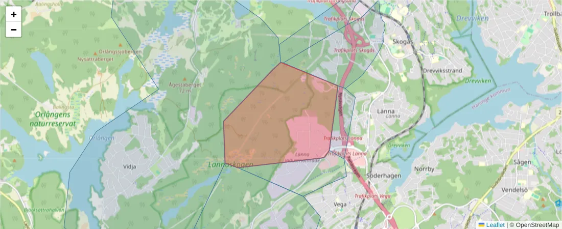 Karta över postnummerområdet  och angränsande postnummer i Sverige