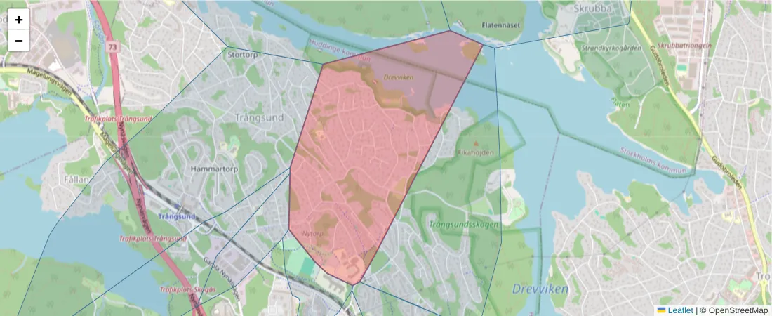 Karta över postnummerområdet  och angränsande postnummer i Sverige