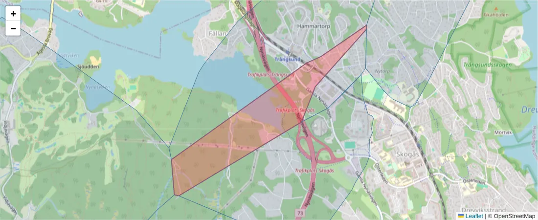 Karta över postnummerområdet  och angränsande postnummer i Sverige