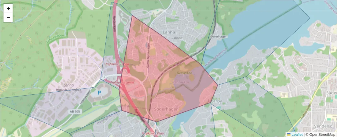 Karta över postnummerområdet  och angränsande postnummer i Sverige
