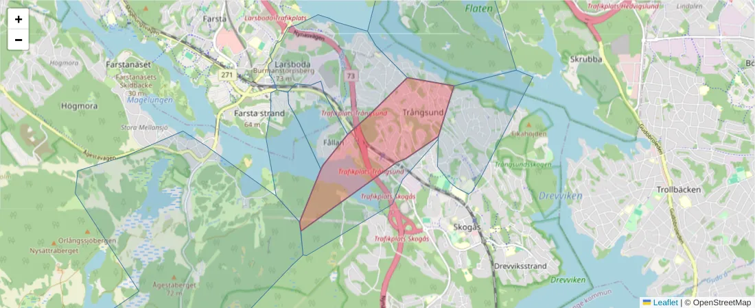 Karta över postnummerområdet  och angränsande postnummer i Sverige