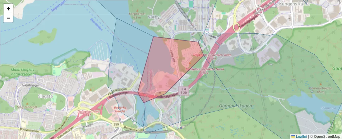 Karta över postnummerområdet  och angränsande postnummer i Sverige