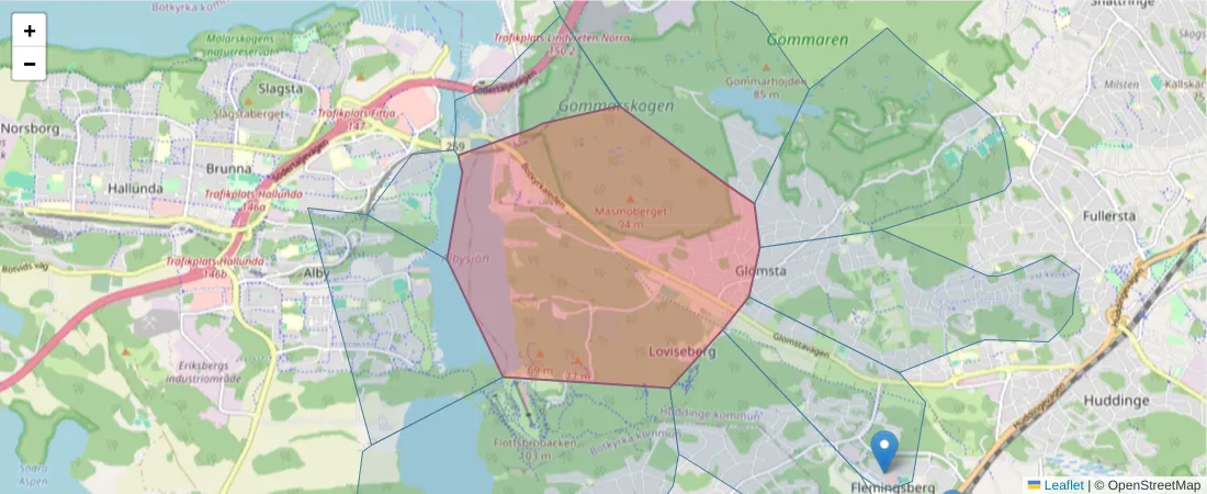 Karta över postnummerområdet  och angränsande postnummer i Sverige