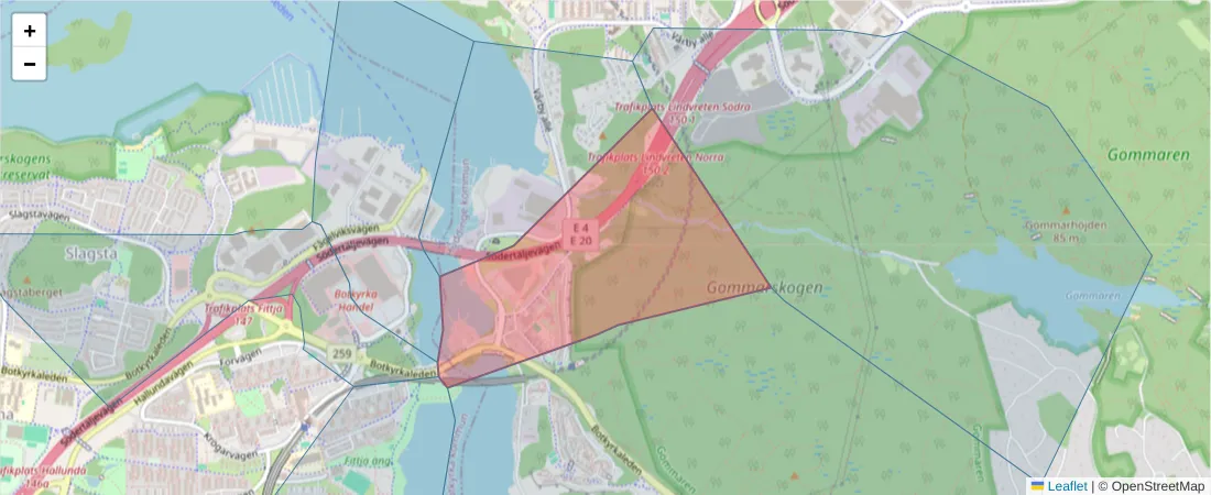 Karta över postnummerområdet  och angränsande postnummer i Sverige
