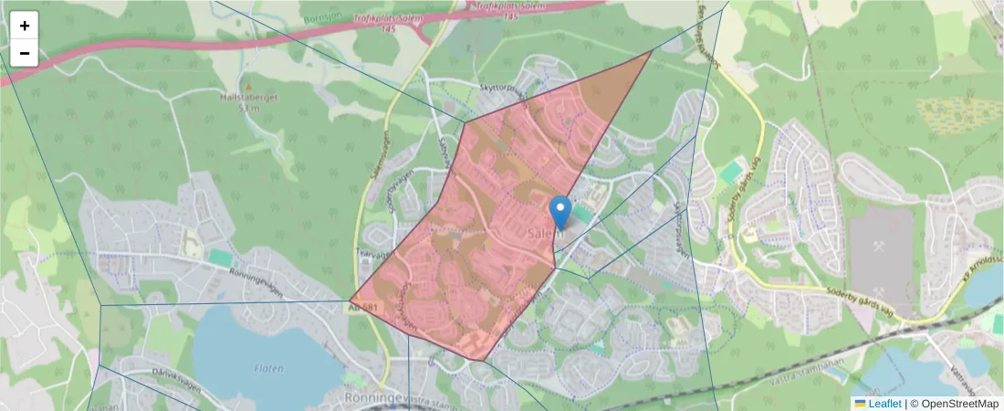 Karta över postnummerområdet  och angränsande postnummer i Sverige