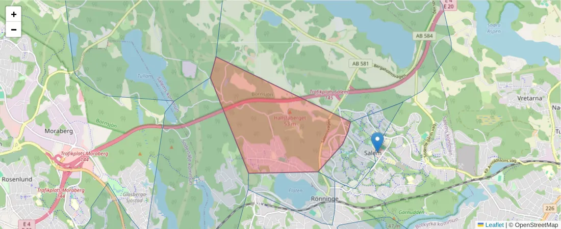 Karta över postnummerområdet  och angränsande postnummer i Sverige