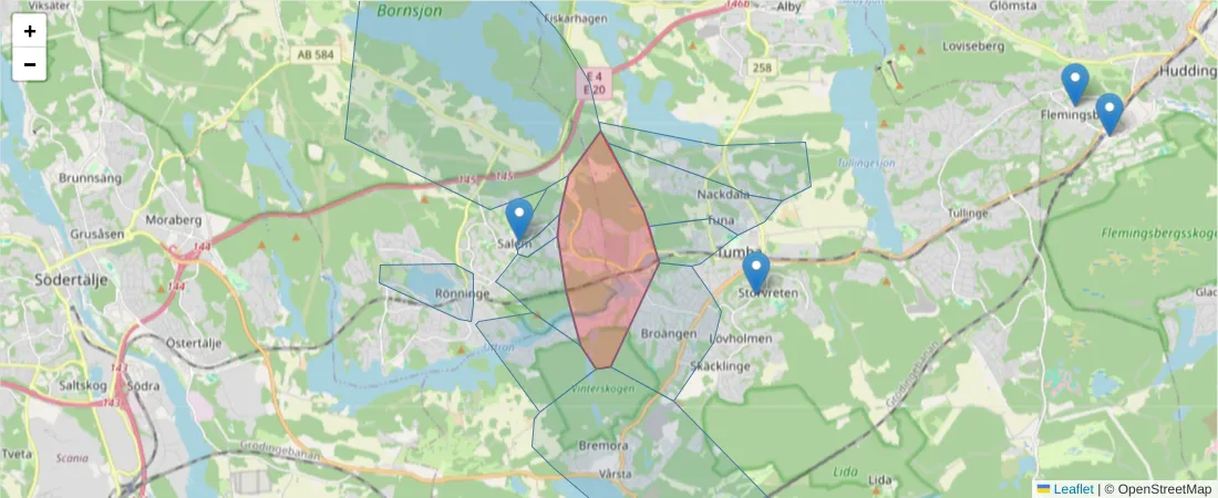 Karta över postnummerområdet  och angränsande postnummer i Sverige