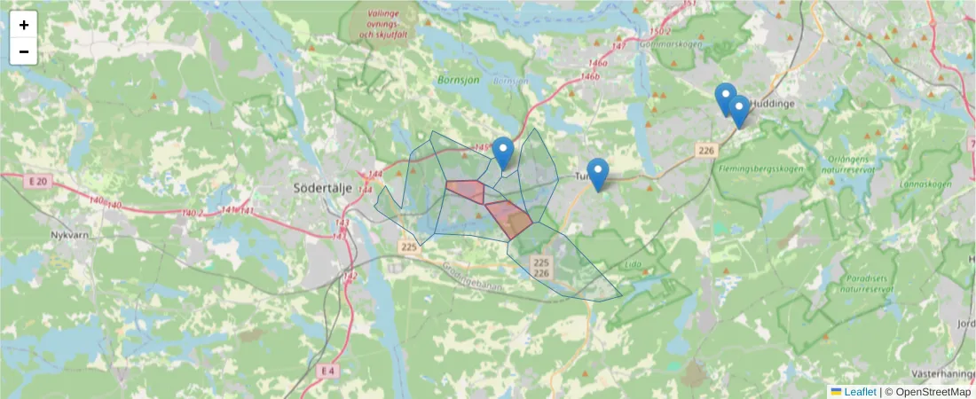 Karta över postnummerområdet  och angränsande postnummer i Sverige
