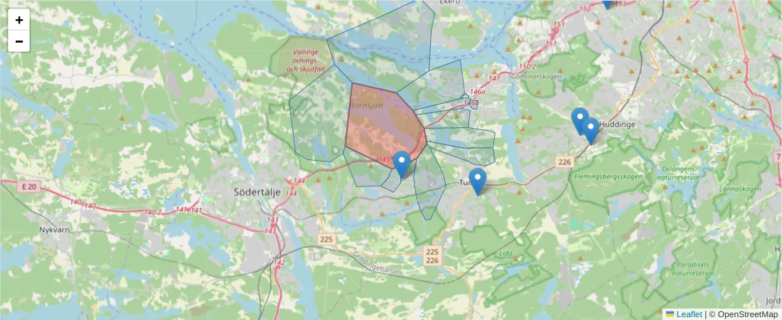 Karta över postnummerområdet  och angränsande postnummer i Sverige