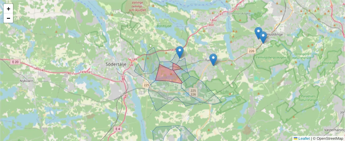 Karta över postnummerområdet  och angränsande postnummer i Sverige