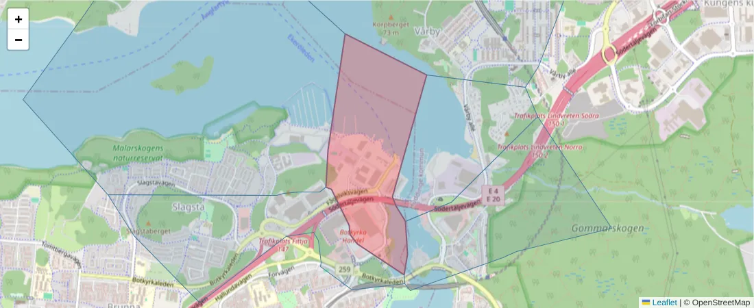 Karta över postnummerområdet  och angränsande postnummer i Sverige