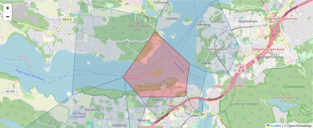 Karta över postnummerområdet  och angränsande postnummer i Sverige