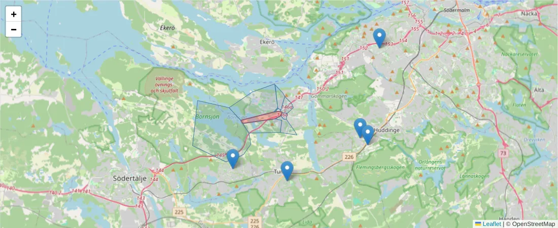 Karta över postnummerområdet  och angränsande postnummer i Sverige