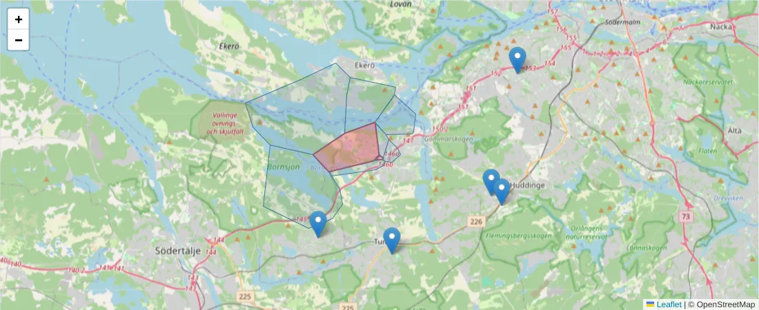 Karta över postnummerområdet  och angränsande postnummer i Sverige