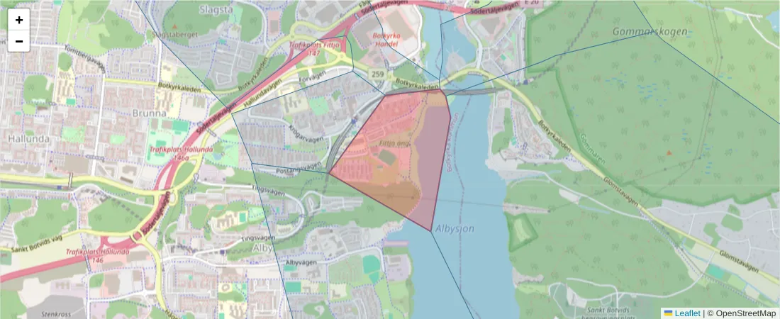 Karta över postnummerområdet  och angränsande postnummer i Sverige