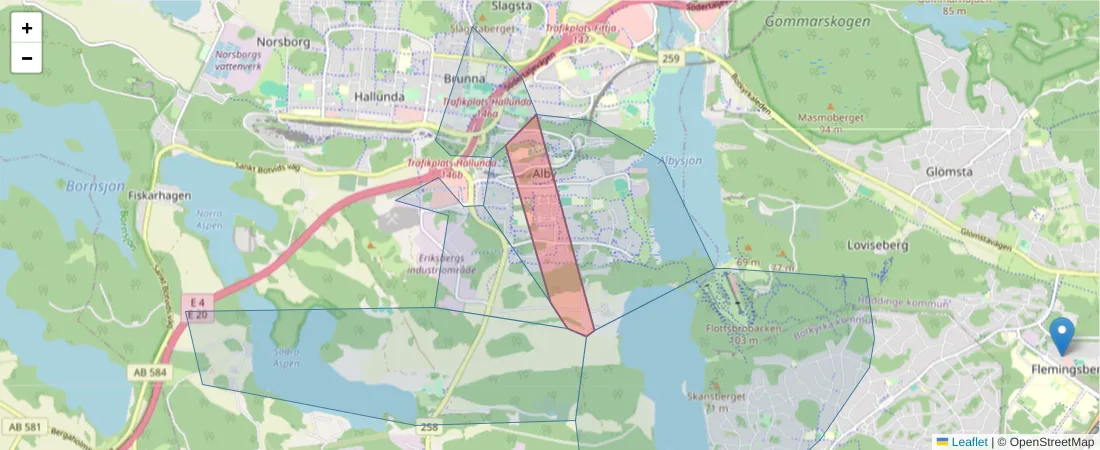 Karta över postnummerområdet  och angränsande postnummer i Sverige