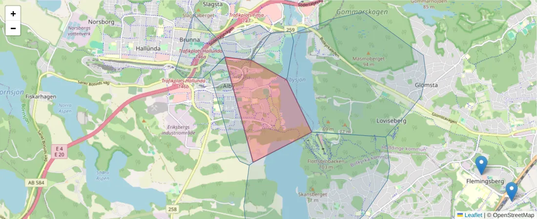 Karta över postnummerområdet  och angränsande postnummer i Sverige