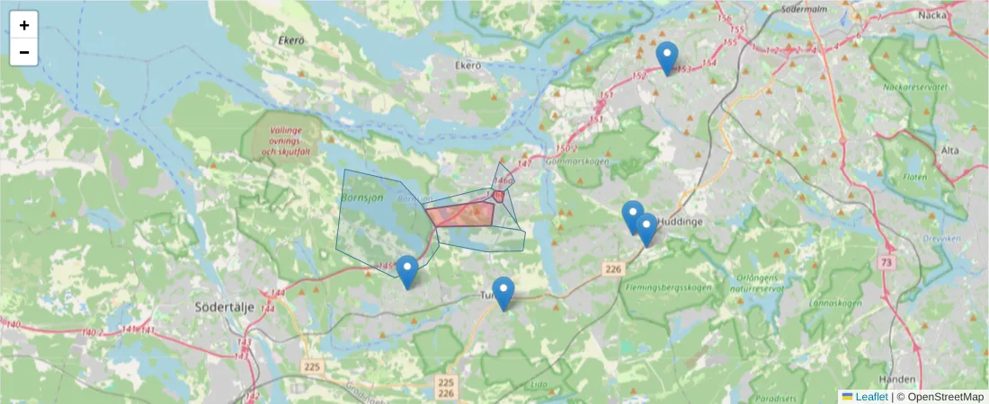 Karta över postnummerområdet  och angränsande postnummer i Sverige