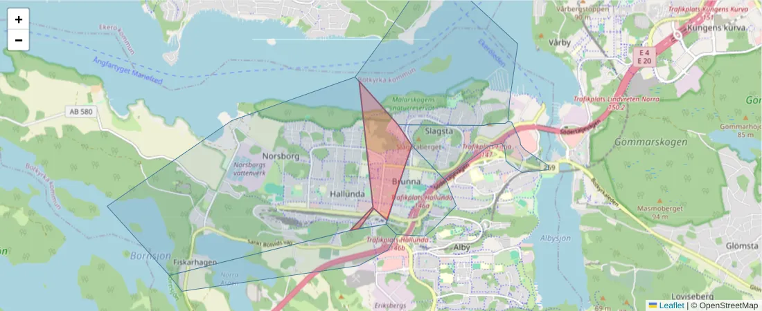 Karta över postnummerområdet  och angränsande postnummer i Sverige