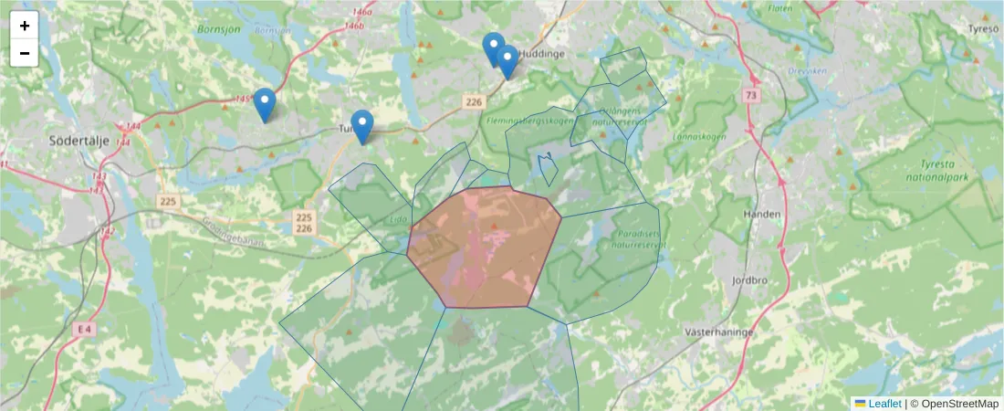 Karta över postnummerområdet  och angränsande postnummer i Sverige