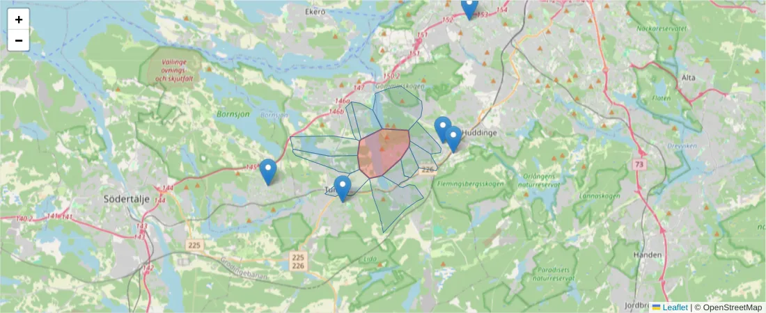 Karta över postnummerområdet  och angränsande postnummer i Sverige