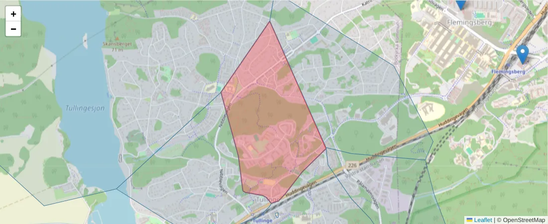 Karta över postnummerområdet  och angränsande postnummer i Sverige