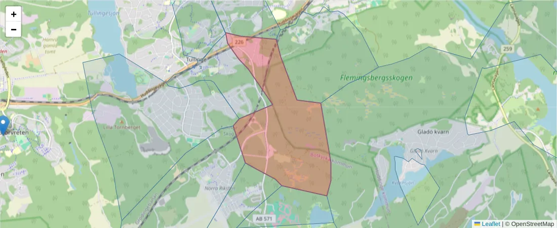 Karta över postnummerområdet  och angränsande postnummer i Sverige