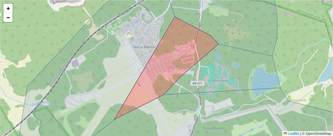 Karta över postnummerområdet  och angränsande postnummer i Sverige