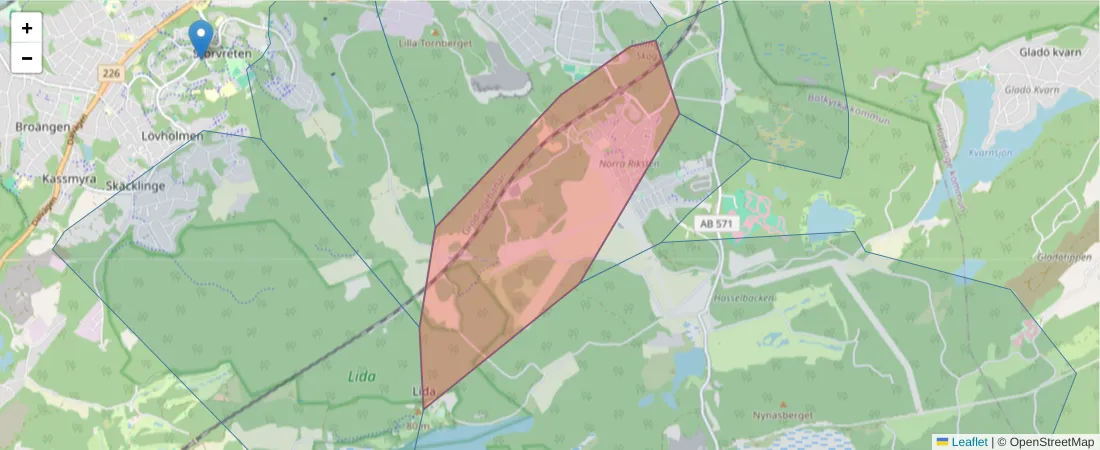 Karta över postnummerområdet  och angränsande postnummer i Sverige