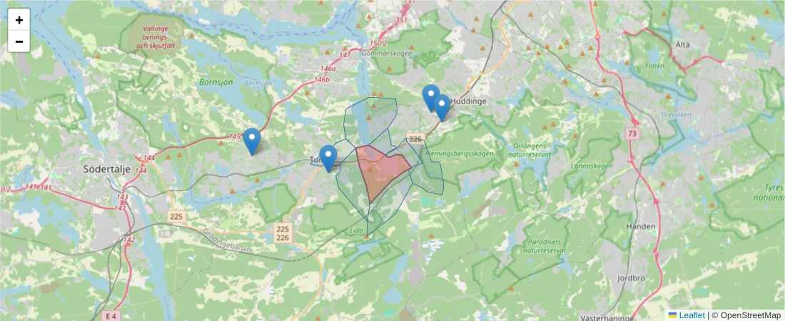 Karta över postnummerområdet  och angränsande postnummer i Sverige