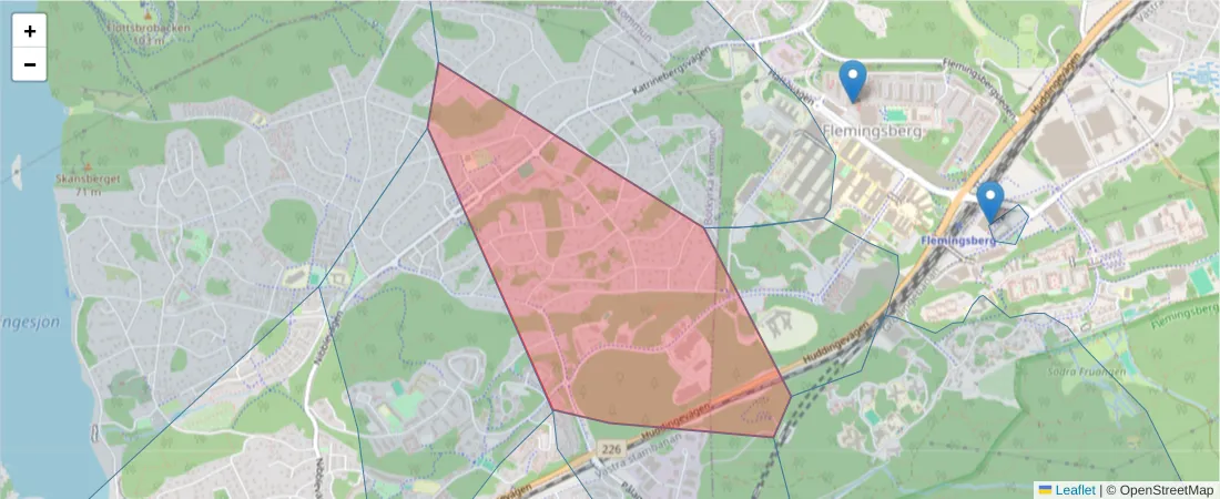 Karta över postnummerområdet  och angränsande postnummer i Sverige