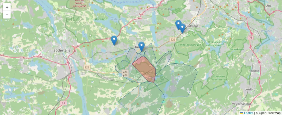 Karta över postnummerområdet  och angränsande postnummer i Sverige