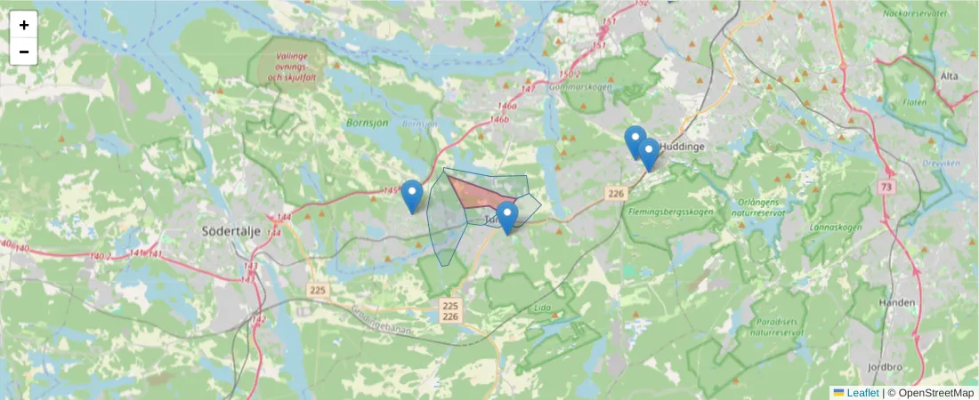 Karta över postnummerområdet  och angränsande postnummer i Sverige