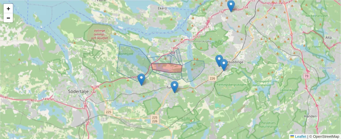 Karta över postnummerområdet  och angränsande postnummer i Sverige