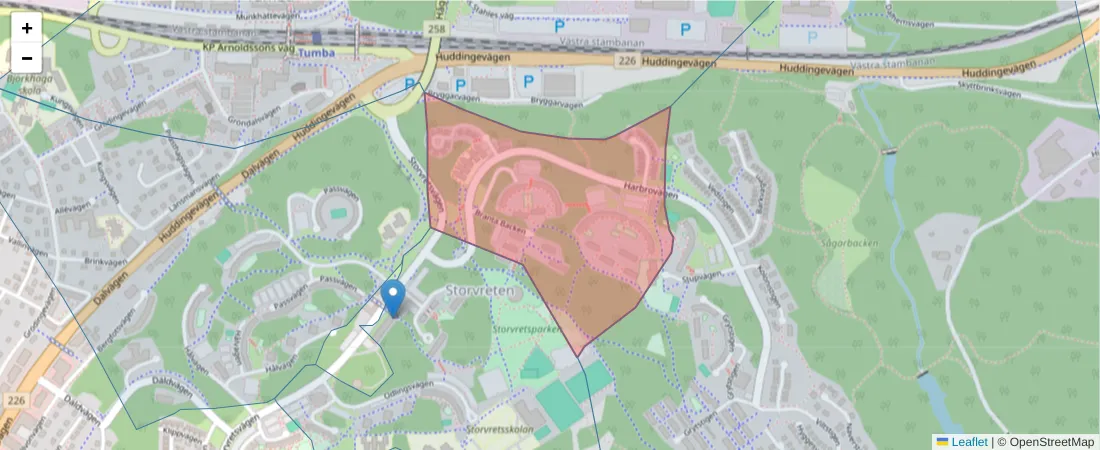 Karta över postnummerområdet  och angränsande postnummer i Sverige