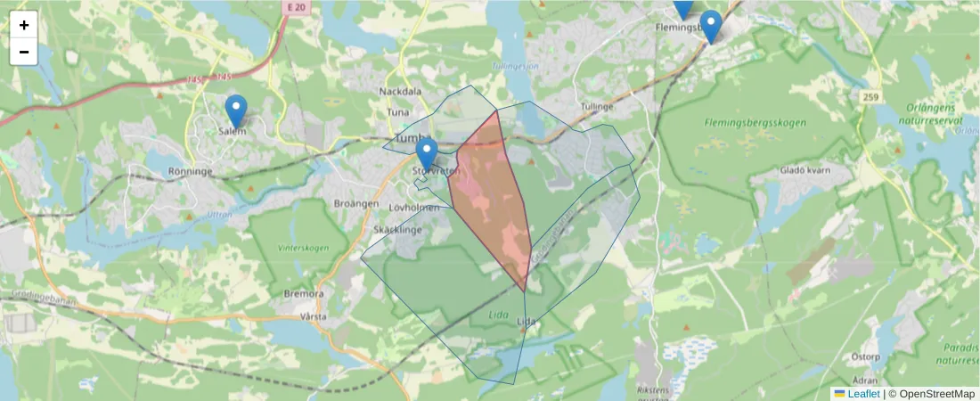 Karta över postnummerområdet  och angränsande postnummer i Sverige