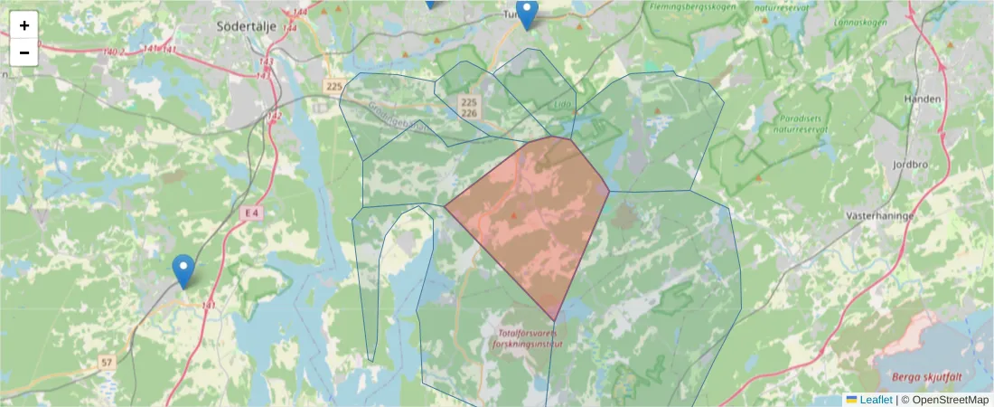 Karta över postnummerområdet  och angränsande postnummer i Sverige