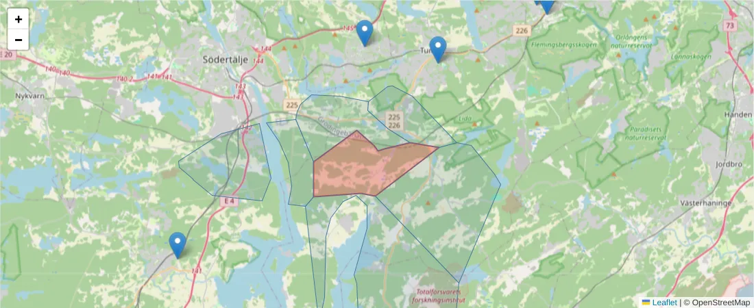 Karta över postnummerområdet  och angränsande postnummer i Sverige