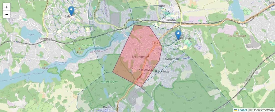 Karta över postnummerområdet  och angränsande postnummer i Sverige