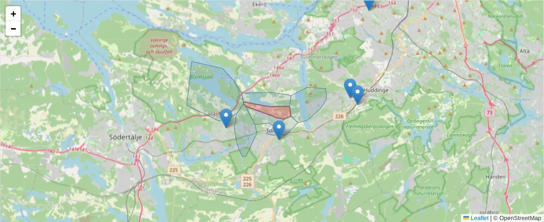 Karta över postnummerområdet  och angränsande postnummer i Sverige