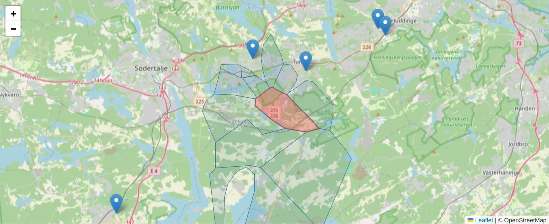 Karta över postnummerområdet  och angränsande postnummer i Sverige