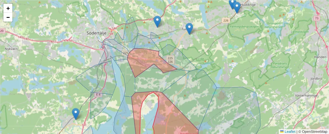 Karta över postnummerområdet  och angränsande postnummer i Sverige
