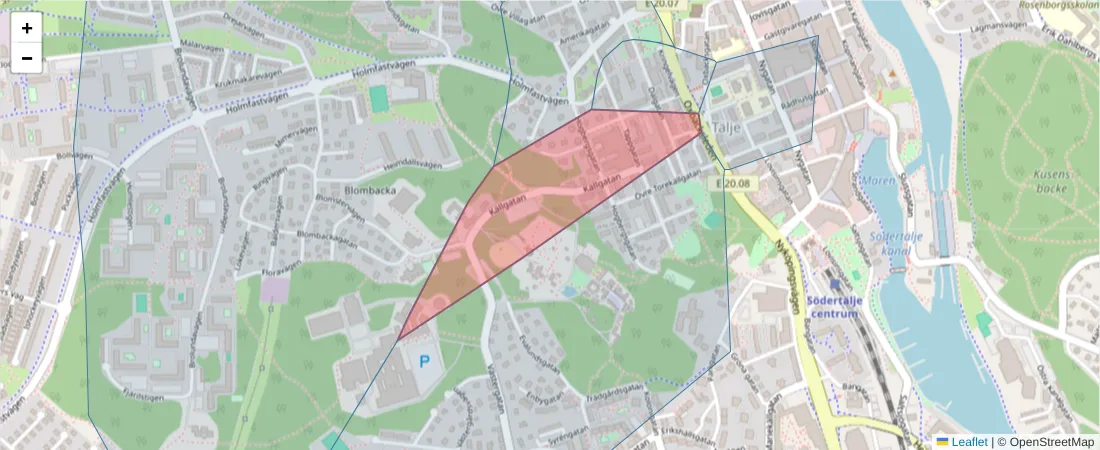 Karta över postnummerområdet  och angränsande postnummer i Sverige